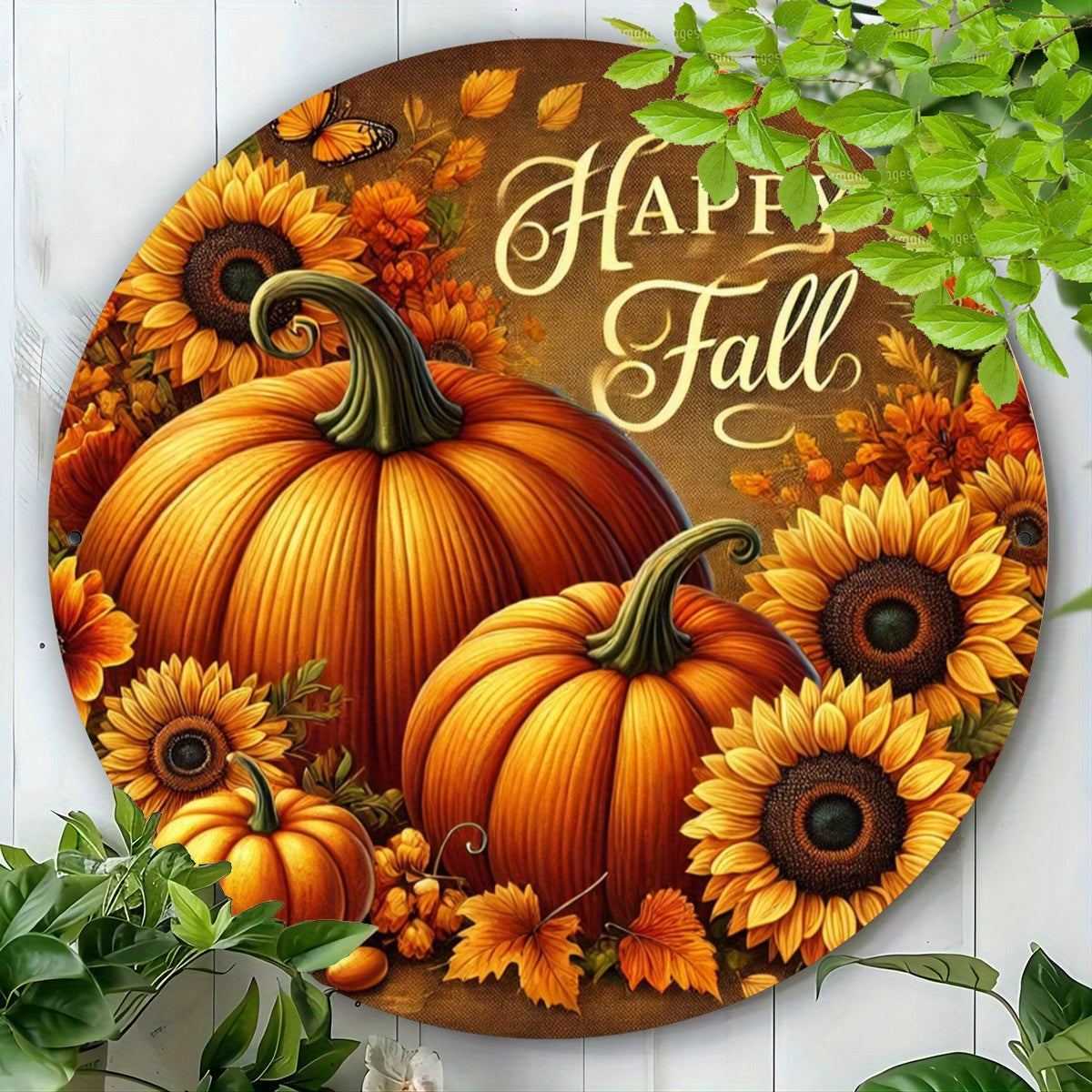 Autumn Pumpkin and Sunflower Metal Art Sign Set - Happy Fall 2D Printed Decorative Plaques, Iron Wall Decor for Home, Porch, Garden, Living Room, Gift Set, 8x8 Inches - Pack of 1