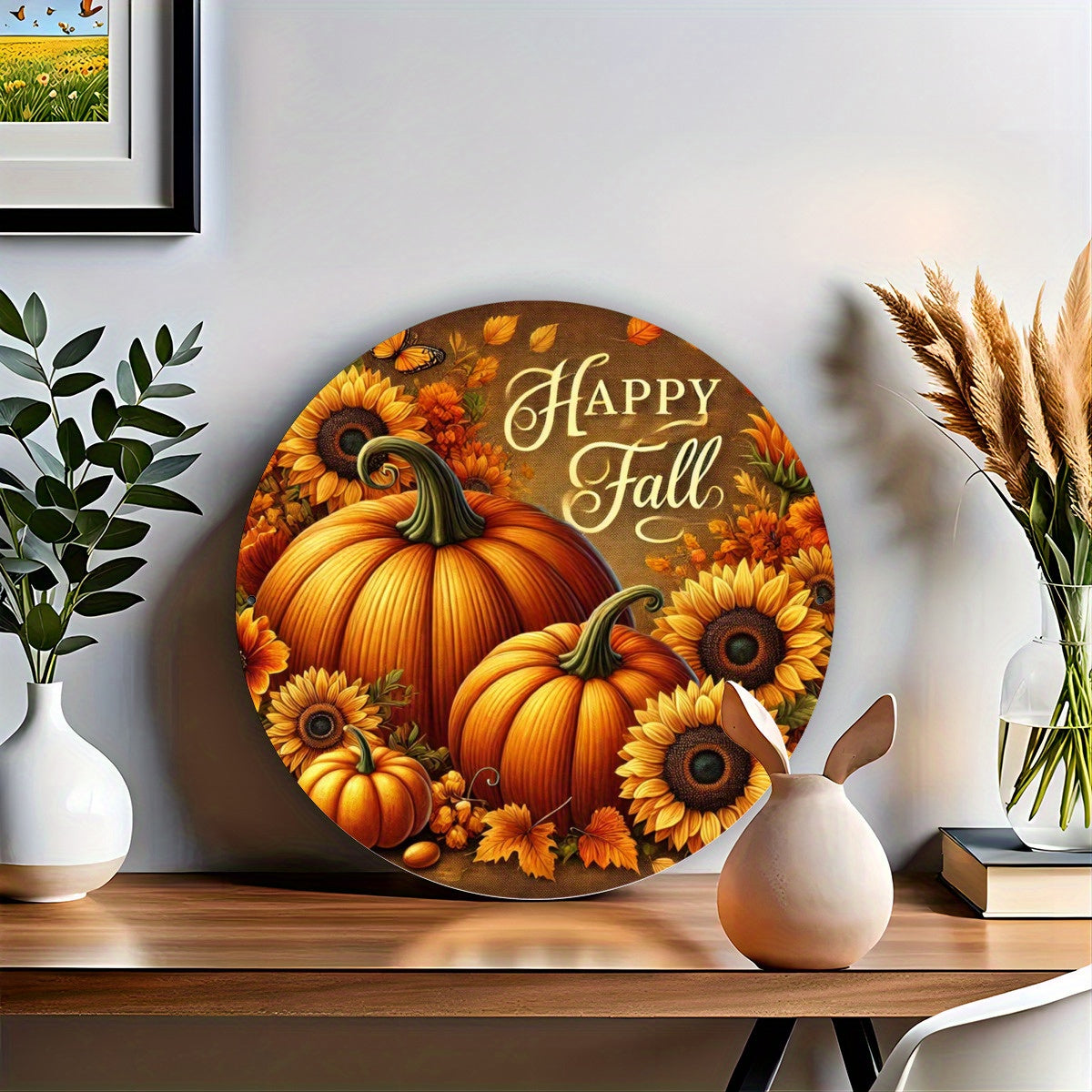 Autumn Pumpkin and Sunflower Metal Art Sign Set - Happy Fall 2D Printed Decorative Plaques, Iron Wall Decor for Home, Porch, Garden, Living Room, Gift Set, 8x8 Inches - Pack of 1