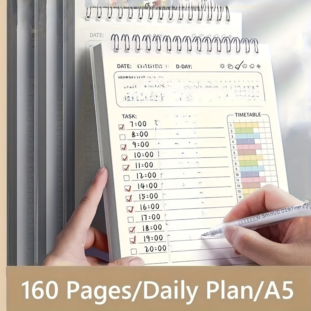 An A5-sized spiral planning schedule notebook, containing daily plans and to-do lists, a total of 160 pages, thick office school supplies and stationery