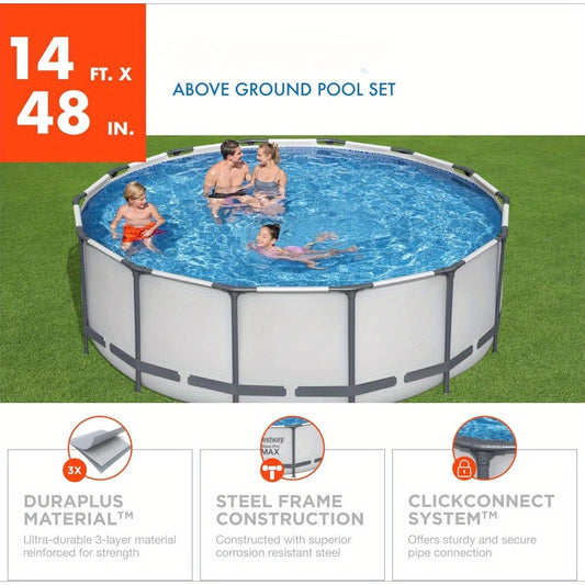 14 Foot x 48 Inch Round Metal Frame above Ground Outdoor Swimming Pool Set with 1, 000 Filter Pump, Ladder, and Cover, Gray