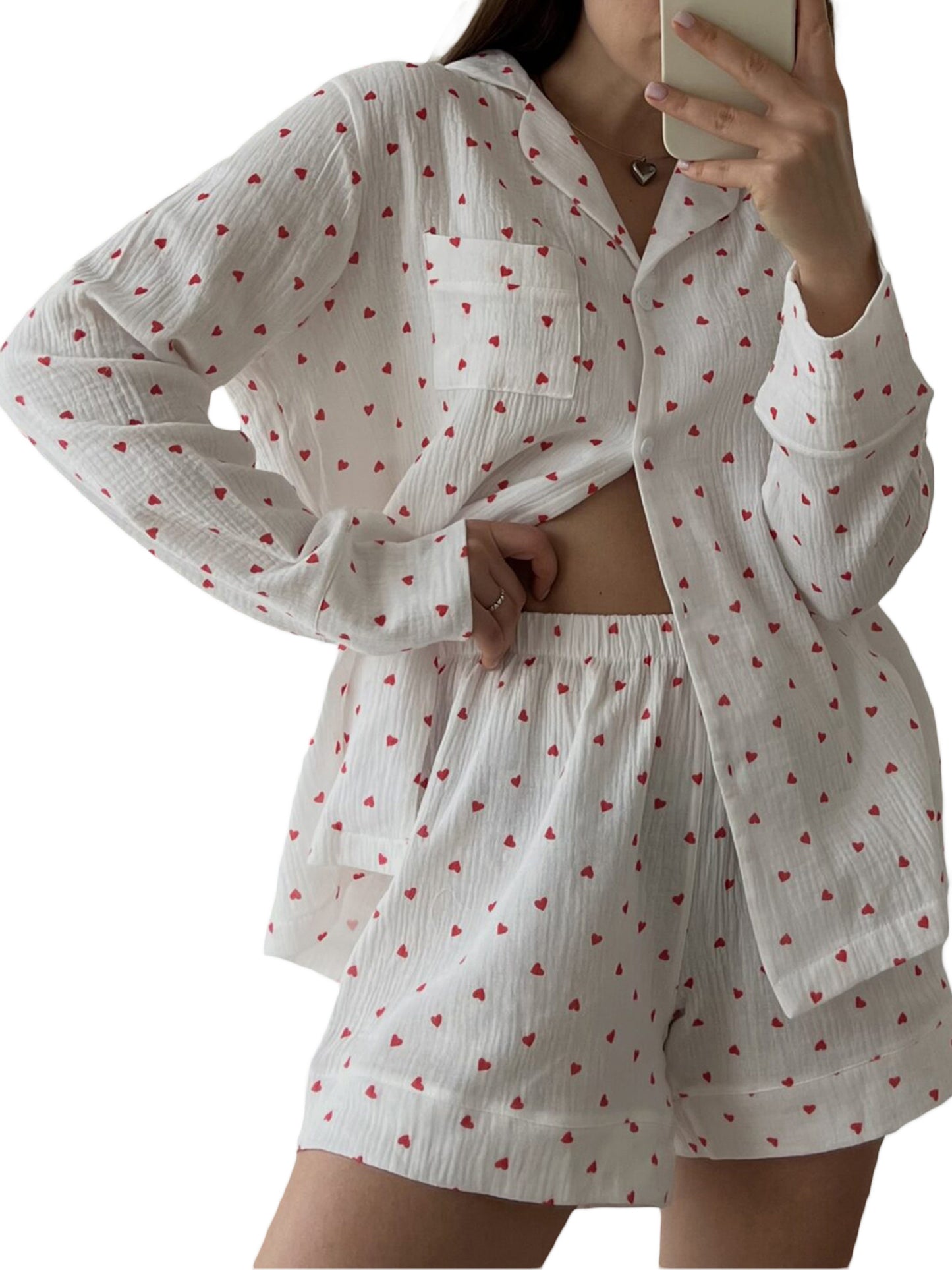 Womens 2 Piece Pajamas Set Long Sleeve Heart Print Button Up Shirt + Shorts Set Loungewear