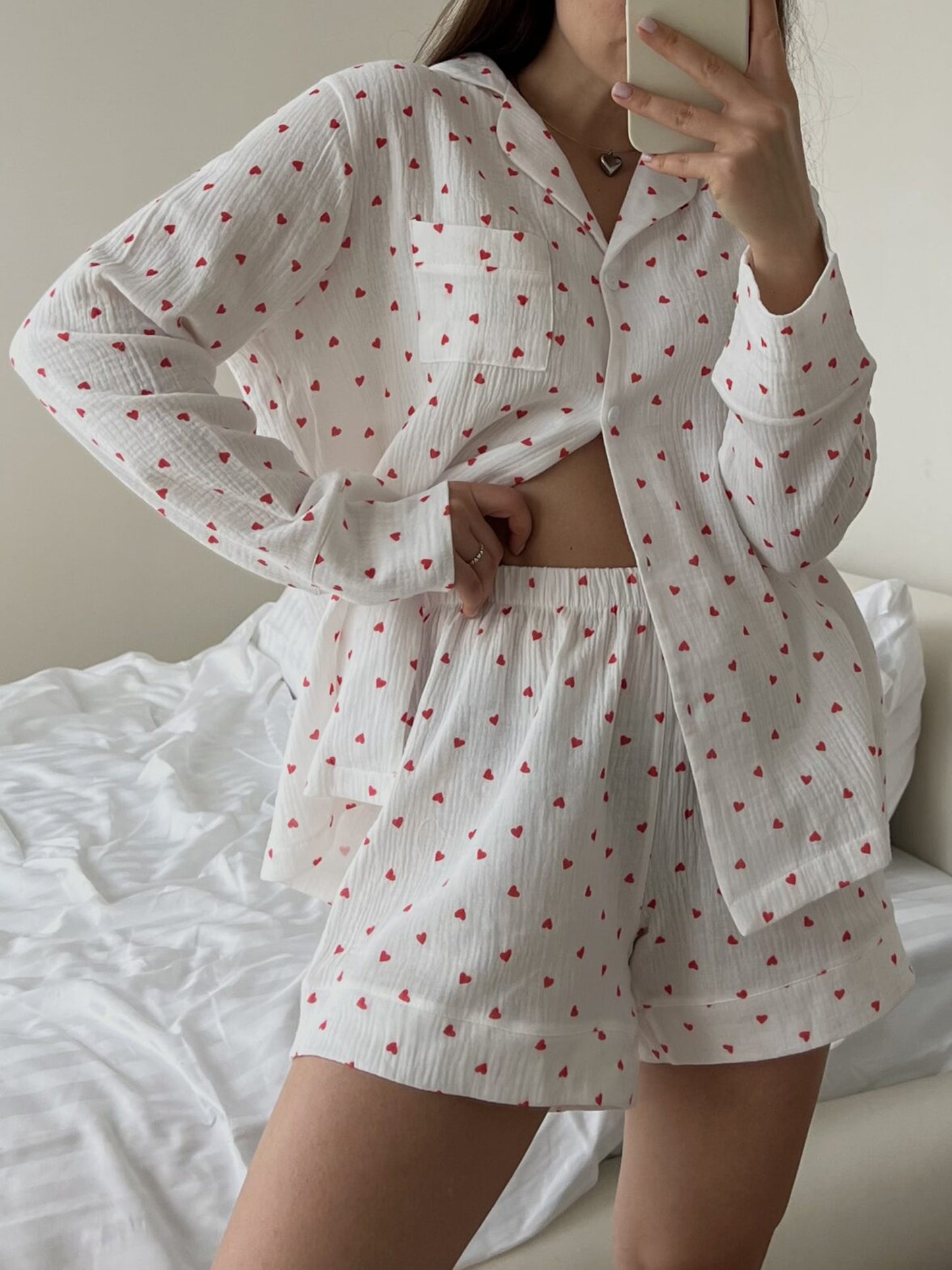 Womens 2 Piece Pajamas Set Long Sleeve Heart Print Button Up Shirt + Shorts Set Loungewear