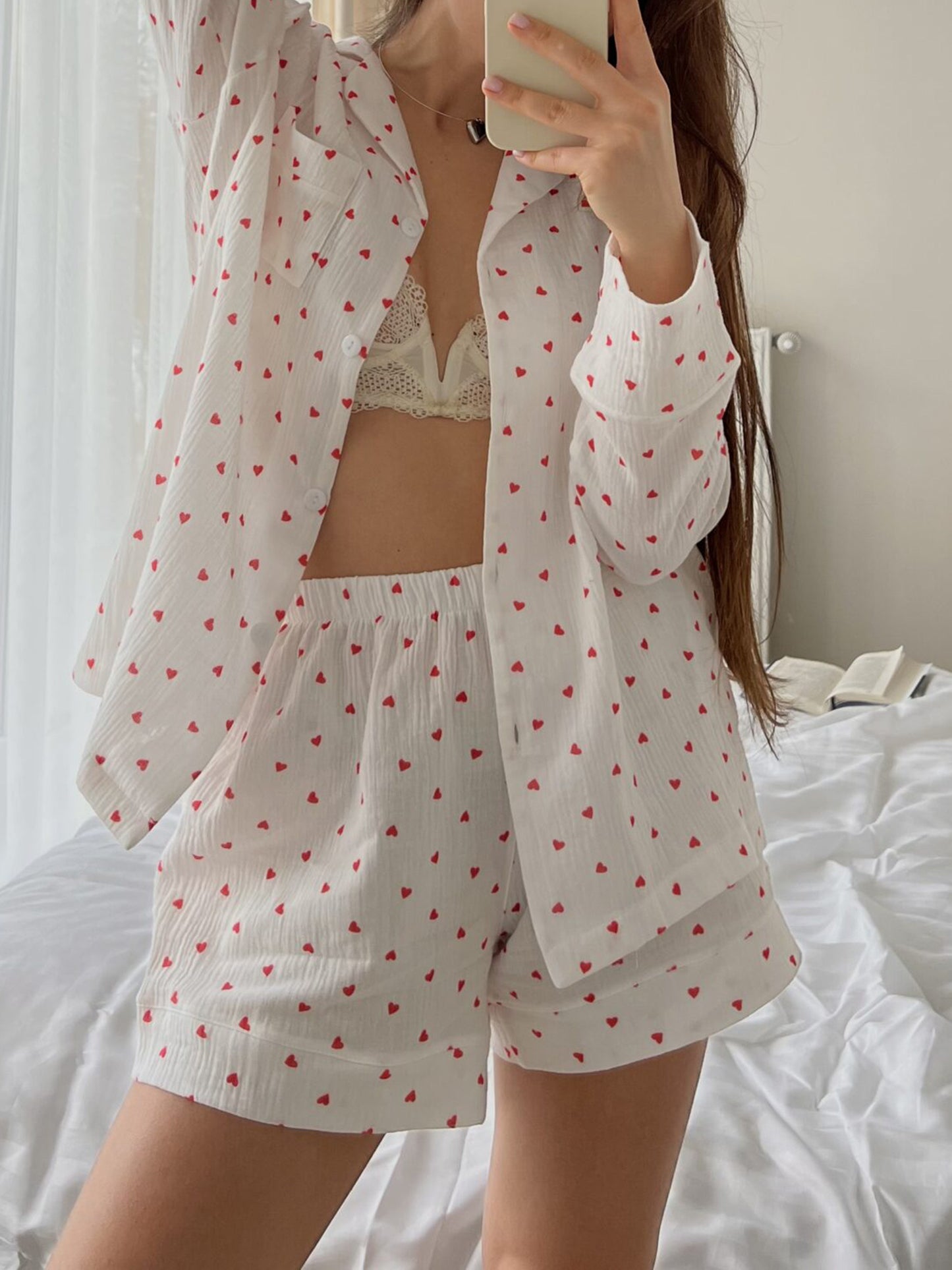 Womens 2 Piece Pajamas Set Long Sleeve Heart Print Button Up Shirt + Shorts Set Loungewear