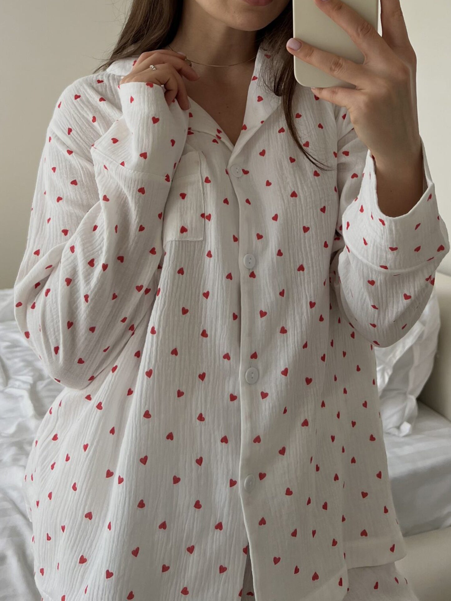 Womens 2 Piece Pajamas Set Long Sleeve Heart Print Button Up Shirt + Shorts Set Loungewear