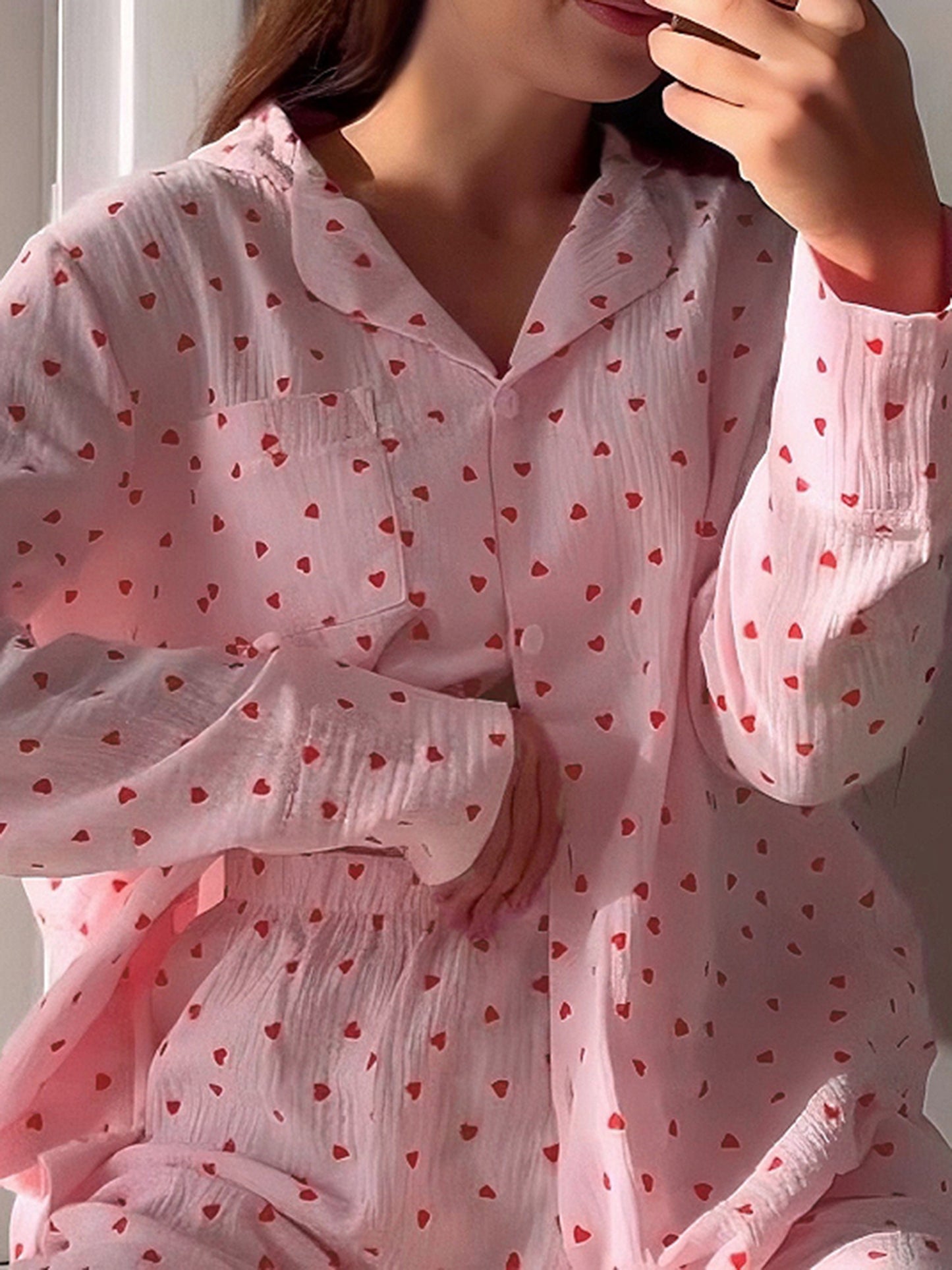 Womens 2 Piece Pajamas Set Long Sleeve Heart Print Button Up Shirt + Shorts Set Loungewear