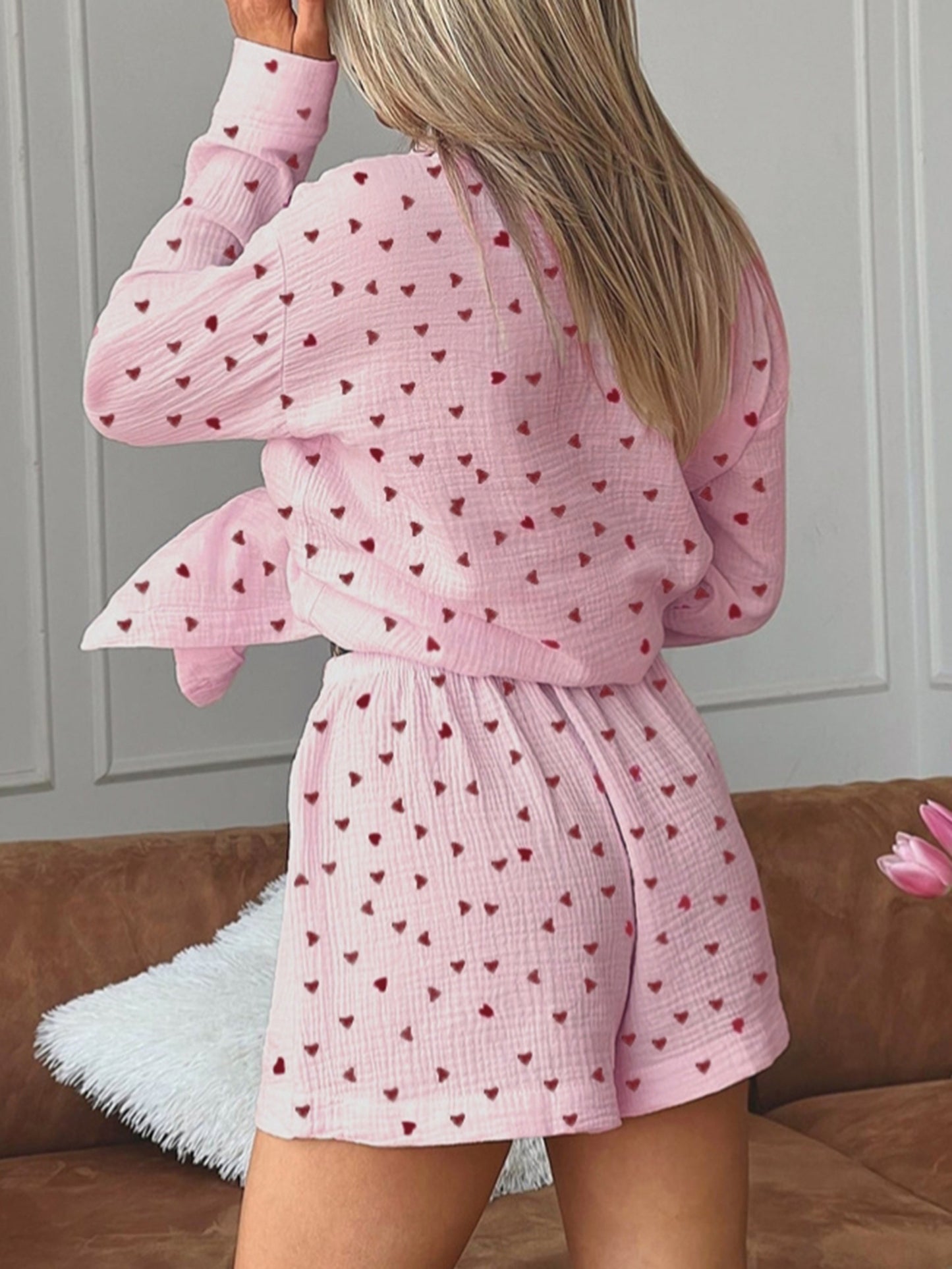 Womens 2 Piece Pajamas Set Long Sleeve Heart Print Button Up Shirt + Shorts Set Loungewear