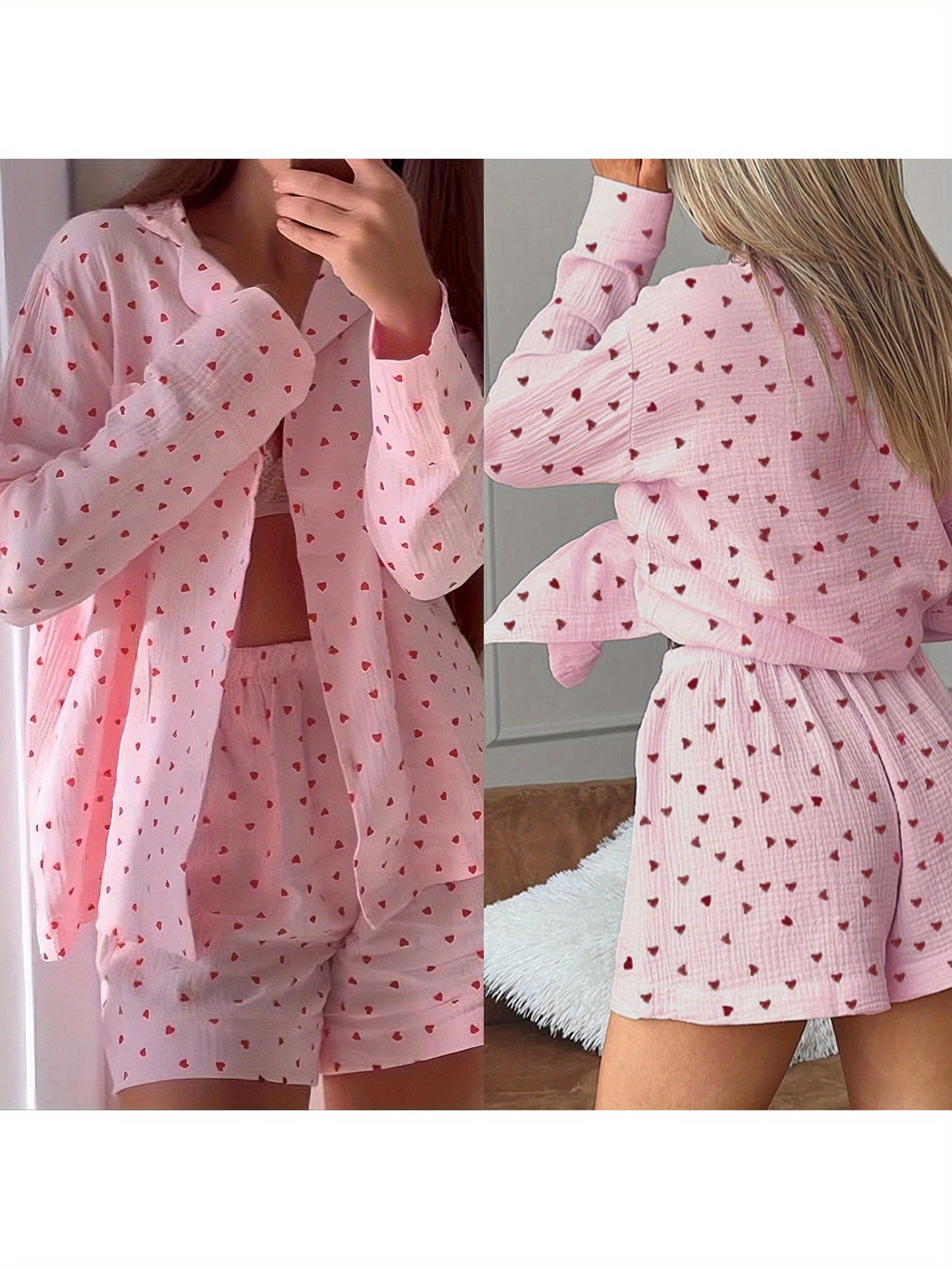 Womens 2 Piece Pajamas Set Long Sleeve Heart Print Button Up Shirt + Shorts Set Loungewear