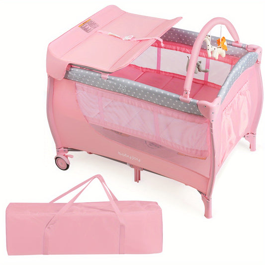 Gymax Foldable Pink Portable Baby Playard with Changing Station