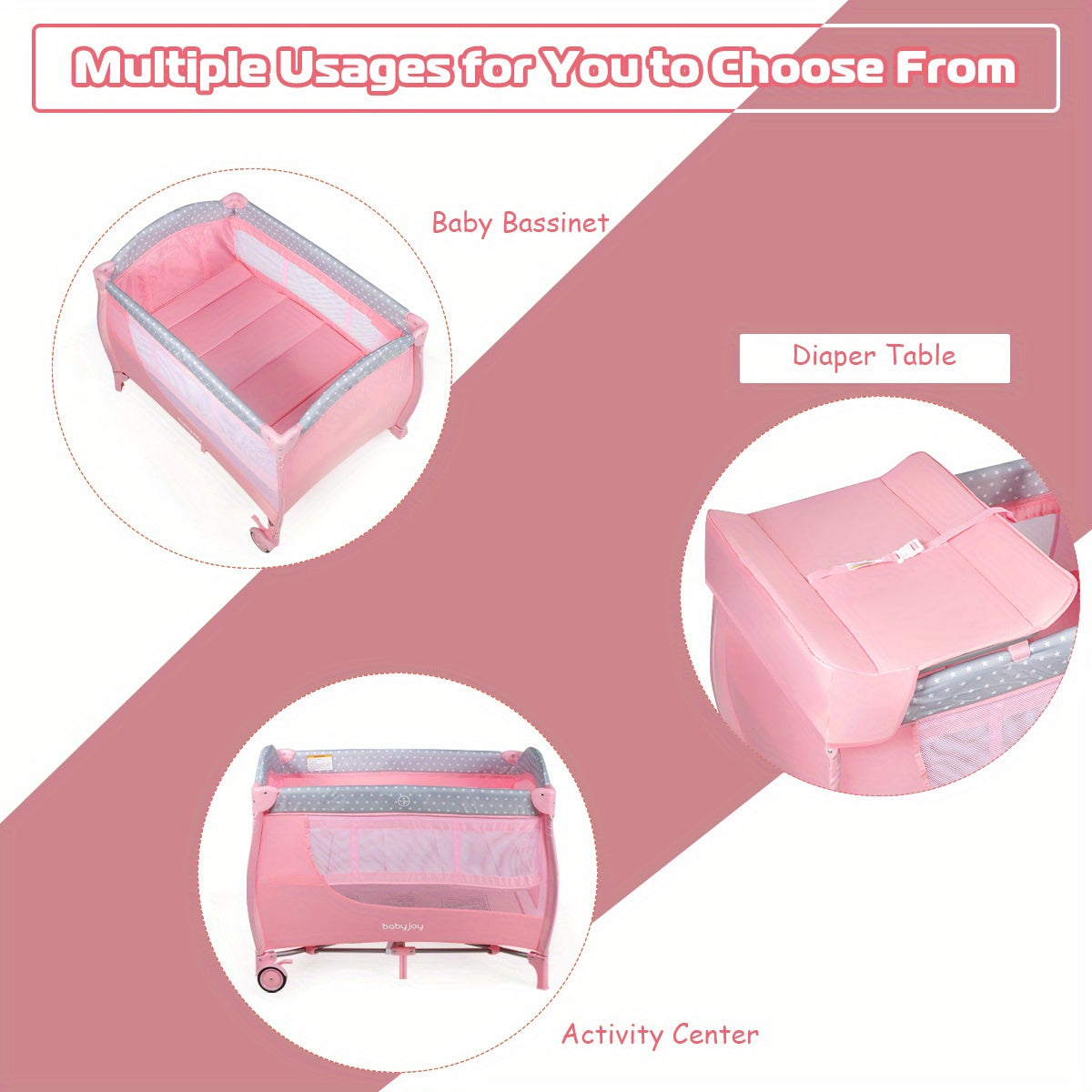 Gymax Foldable Pink Portable Baby Playard with Changing Station