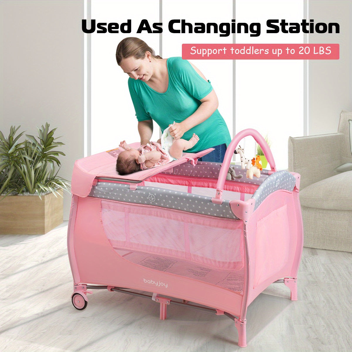 Gymax Foldable Pink Portable Baby Playard with Changing Station