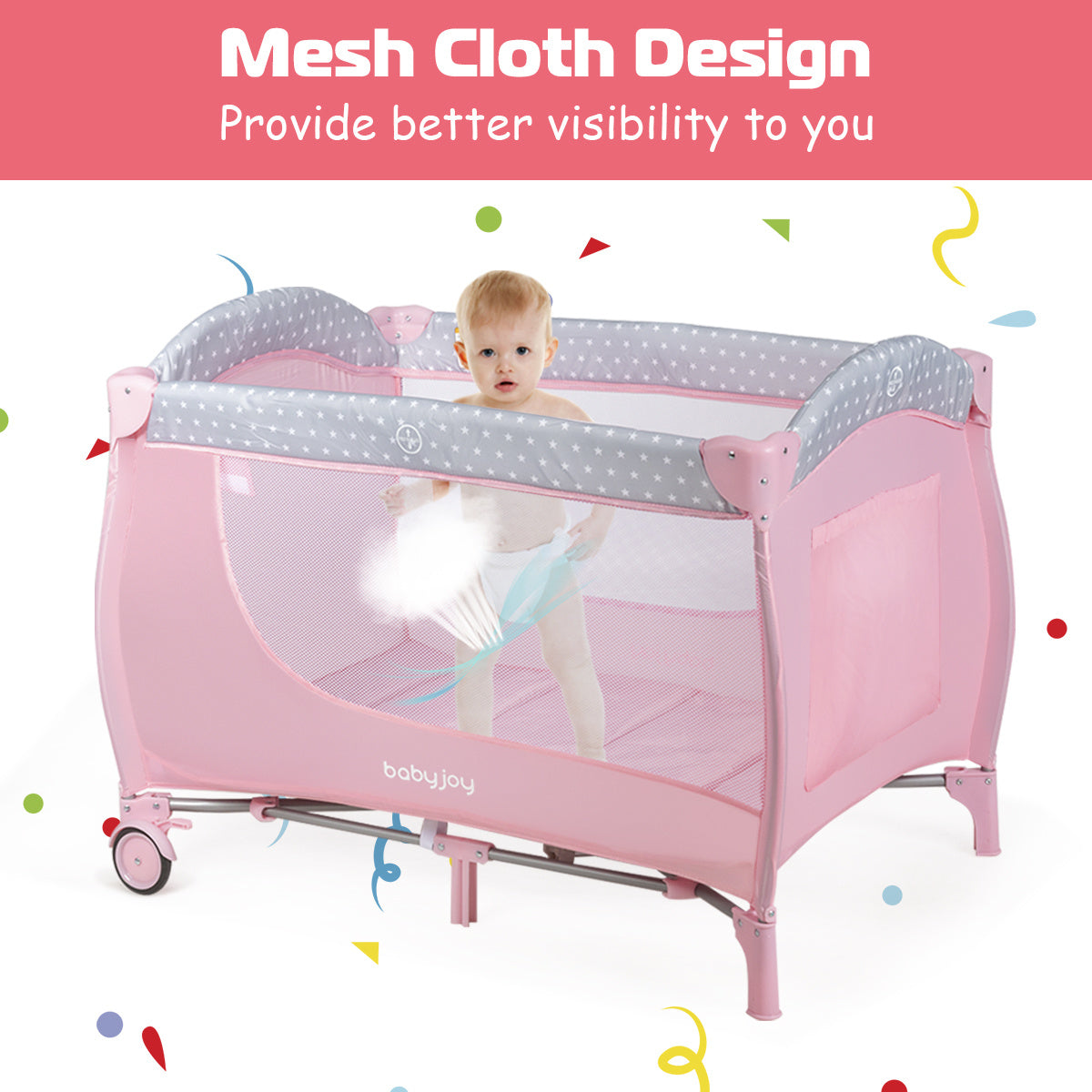 Gymax Foldable Pink Portable Baby Playard with Changing Station