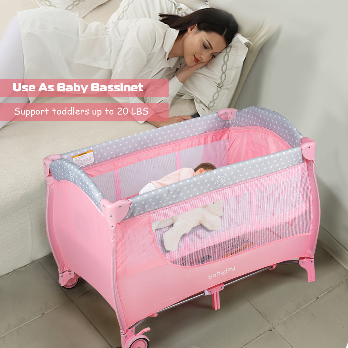 Gymax Foldable Pink Portable Baby Playard with Changing Station