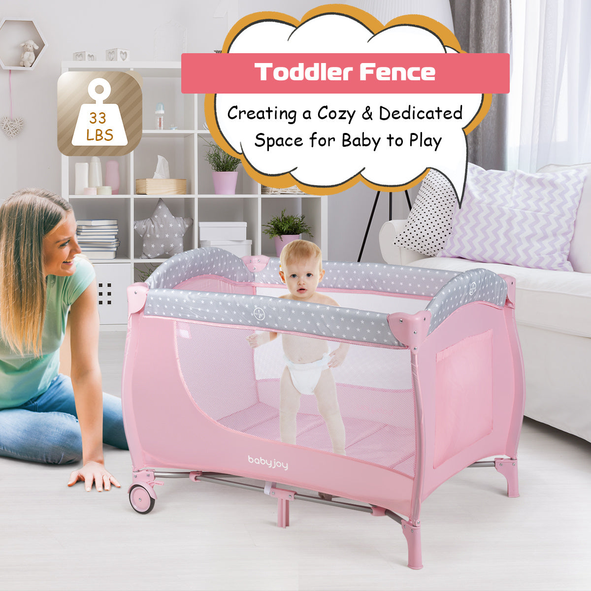 Gymax Foldable Pink Portable Baby Playard with Changing Station