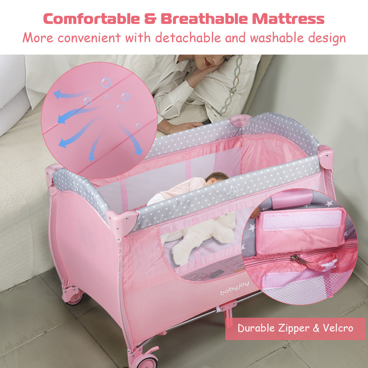 Gymax Foldable Pink Portable Baby Playard with Changing Station