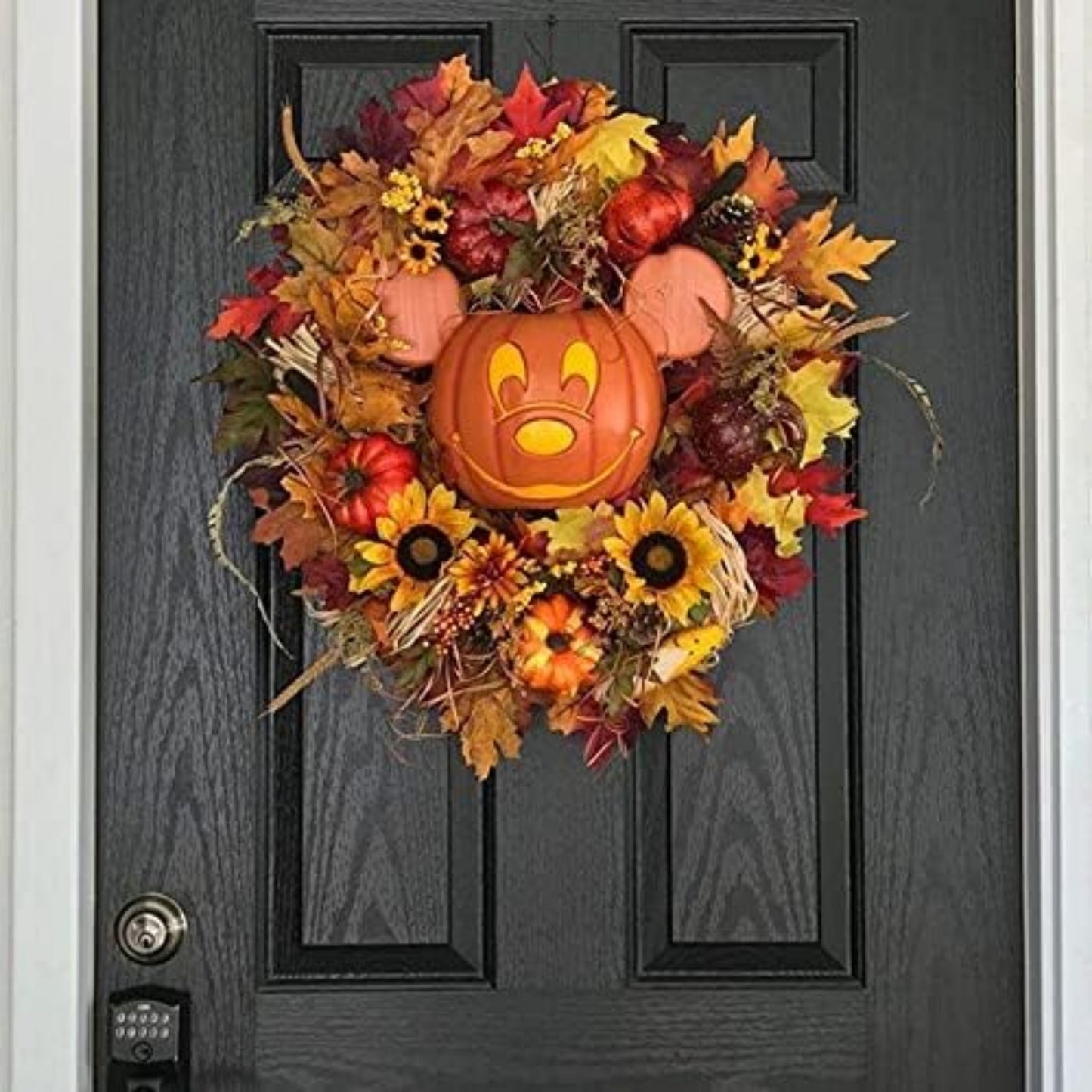 Halloween Pumpkin Wreath, Fall Wreath, Fall Artificial Pumpkin Wreath for Front Door with Pumpkins Artificial Maples Sunflower for Halloween Autumns Harvest Holiday Festival Livingroom Decor