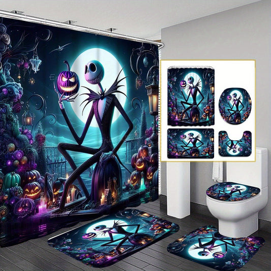 The Nightmare Before Christmas 1/4pcs Cartoon Pattern Shower Curtain Set, Waterproof Shower Curtain, Bathroom Carpet, Toilet U-Shaped Mat, Toilet Cover, Bathroom Decoration with 12 Hooks