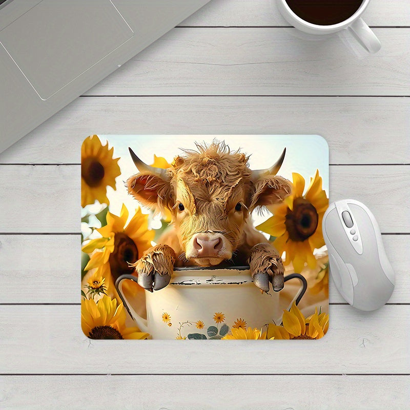 1PC Cute Highland Cow Mouse Pad with Sunflowers, Square Non-Slip Desk Pad, Portable Home Office Computer Mat, Comfortable Cartoon Thick Durable Rubber Mousepad, Ideal for Gamers & Work, Perfect Gift