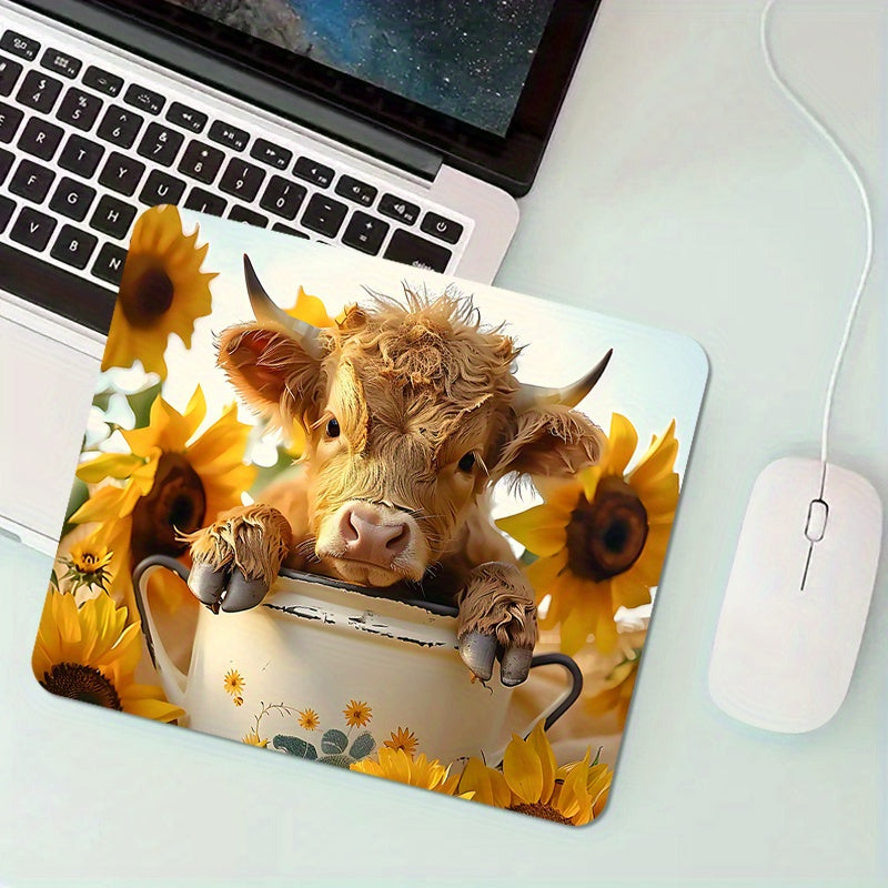 1PC Cute Highland Cow Mouse Pad with Sunflowers, Square Non-Slip Desk Pad, Portable Home Office Computer Mat, Comfortable Cartoon Thick Durable Rubber Mousepad, Ideal for Gamers & Work, Perfect Gift