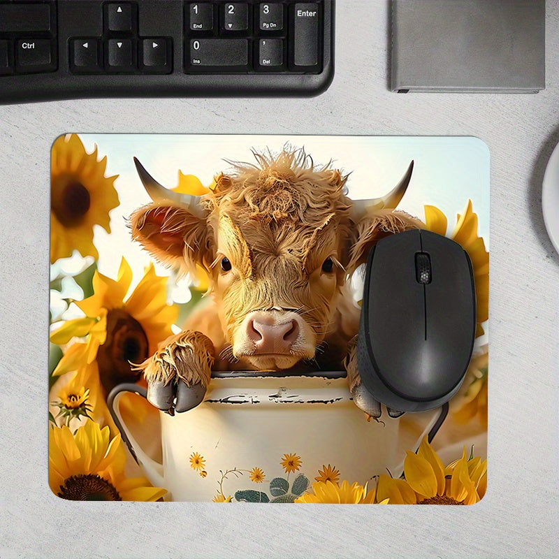 1PC Cute Highland Cow Mouse Pad with Sunflowers, Square Non-Slip Desk Pad, Portable Home Office Computer Mat, Comfortable Cartoon Thick Durable Rubber Mousepad, Ideal for Gamers & Work, Perfect Gift