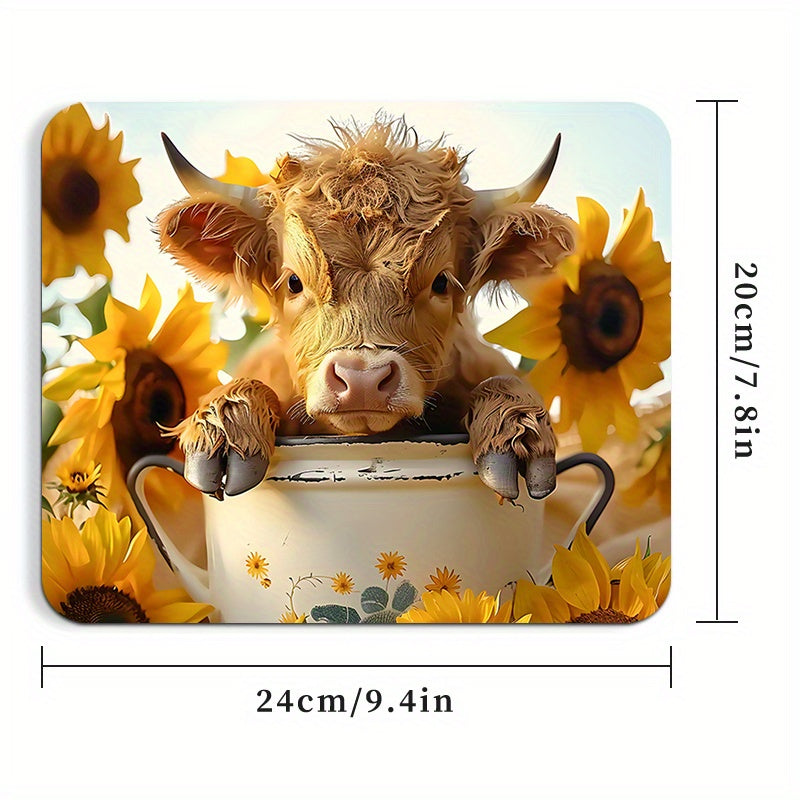 1PC Cute Highland Cow Mouse Pad with Sunflowers, Square Non-Slip Desk Pad, Portable Home Office Computer Mat, Comfortable Cartoon Thick Durable Rubber Mousepad, Ideal for Gamers & Work, Perfect Gift