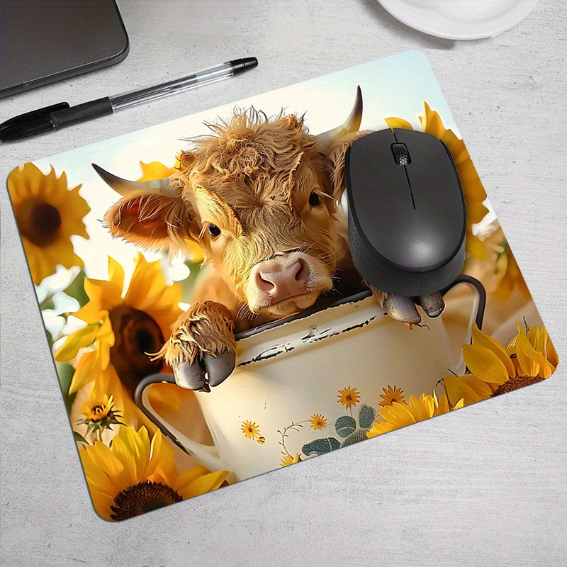 1PC Cute Highland Cow Mouse Pad with Sunflowers, Square Non-Slip Desk Pad, Portable Home Office Computer Mat, Comfortable Cartoon Thick Durable Rubber Mousepad, Ideal for Gamers & Work, Perfect Gift