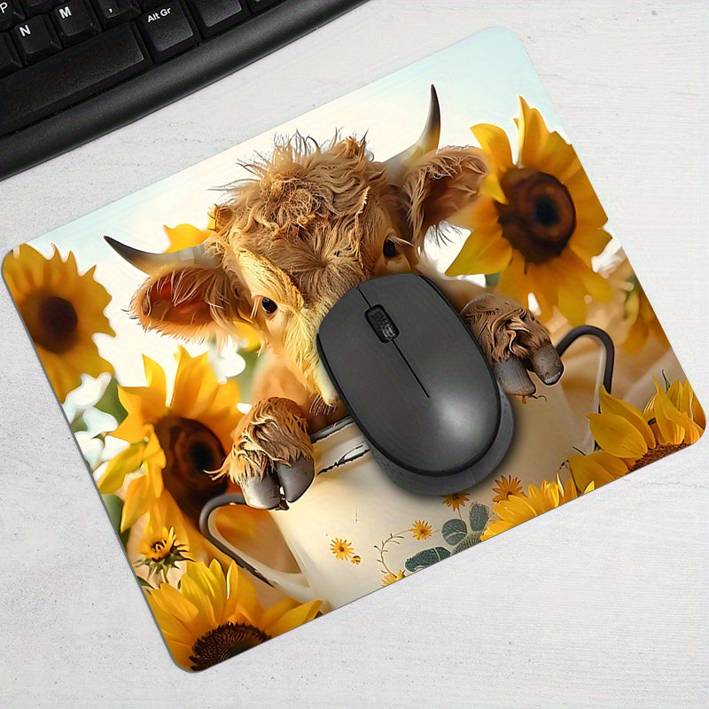 1PC Cute Highland Cow Mouse Pad with Sunflowers, Square Non-Slip Desk Pad, Portable Home Office Computer Mat, Comfortable Cartoon Thick Durable Rubber Mousepad, Ideal for Gamers & Work, Perfect Gift