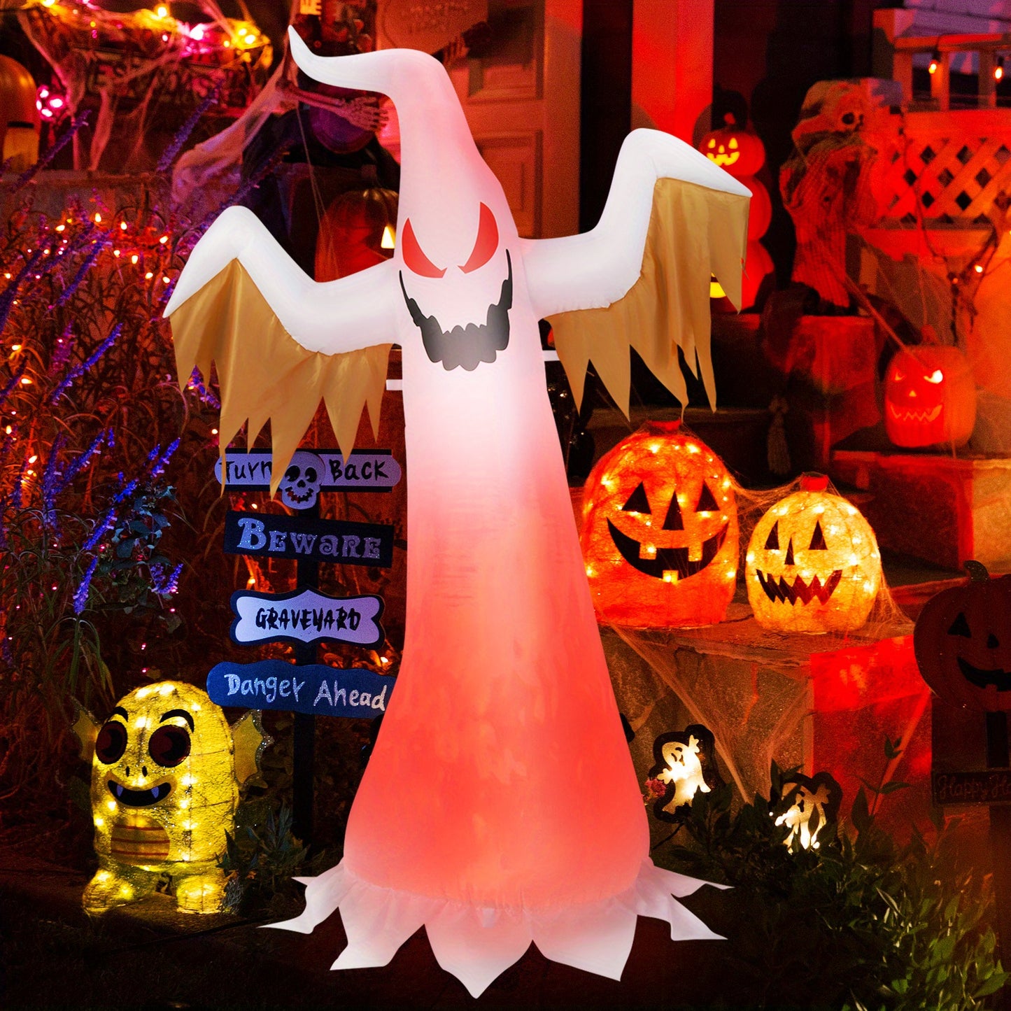 Gymax 6ft Halloween Inflatable Ghost Quick Blow up Halloween Décor w/ Red LED Lights