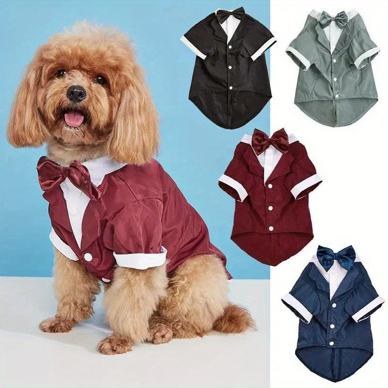 Knit Fabric Dog Tuxedo Costume - Polyester Button-Up Pet Shirt with Bow Tie, Formal Swallowtail Design, Two-Foot Suit for Medium Breeds, Stylish Teddy VIP Attire - Elegant Canine Fashion