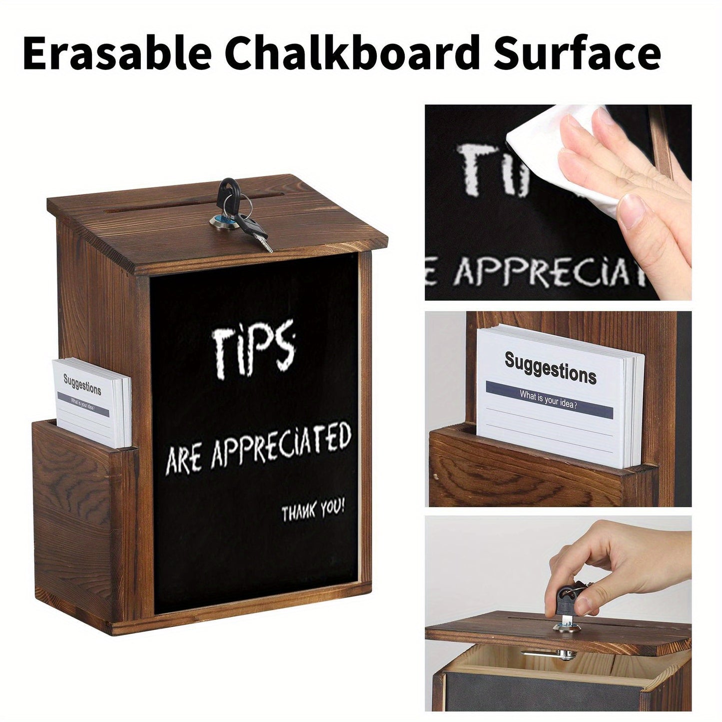 Lockable Suggestion Box Wooden Charity Donation Boxes Wall Mounted Comment Ballot Box with Lock Card Holder and Writing  Board