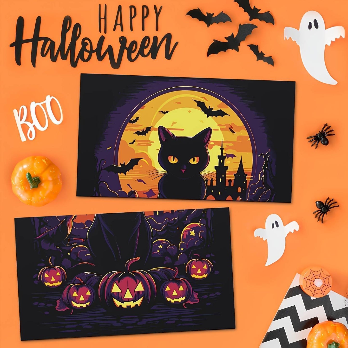 Festive 2-Pack Halloween Magnets: Black Cat, Pumpkins & Haunted Castle, Durable Magnetic Stickers for Home Decoration