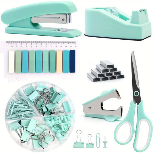 Complete Green Office Desk Organizer Set For Women - Includes Stapler, Tape Dispenser, Nail Remover, Staples, Clips, Scissors & Labels