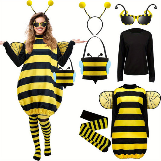 Bee Costume Accessory Set for Adults - Polyester & Spandex Boho Style, Non-Feathered - Includes Striped Skirt, Antenna Headband, Winged Glasses & Striped Stockings for Halloween Cosplay Party