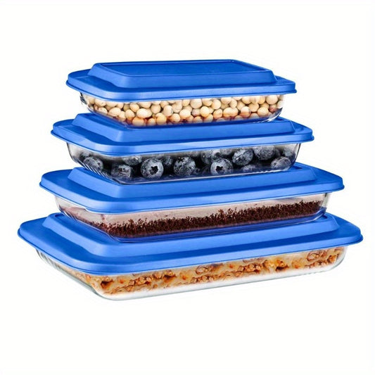 Rectangular Glass Bakeware Set - 4 Sets of High Borosilicate with PE Lid, Blue