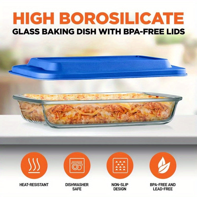 Rectangular Glass Bakeware Set - 4 Sets of High Borosilicate with PE Lid, Blue