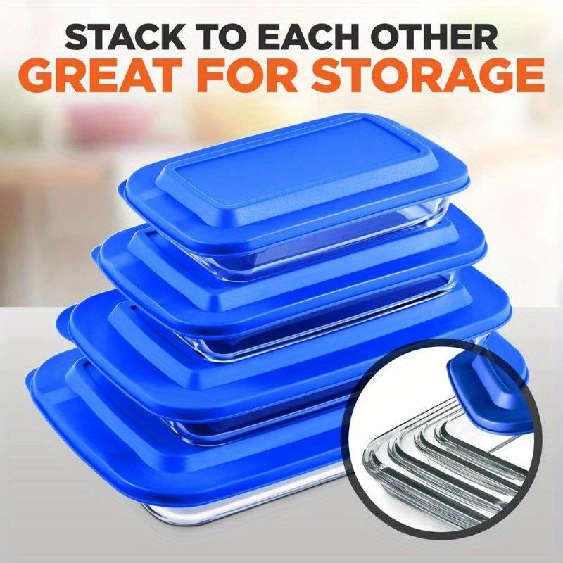 Rectangular Glass Bakeware Set - 4 Sets of High Borosilicate with PE Lid, Blue