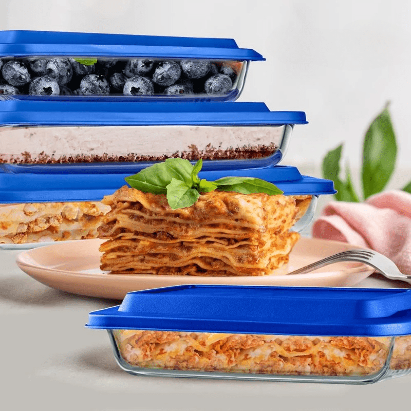 Rectangular Glass Bakeware Set - 4 Sets of High Borosilicate with PE Lid, Blue