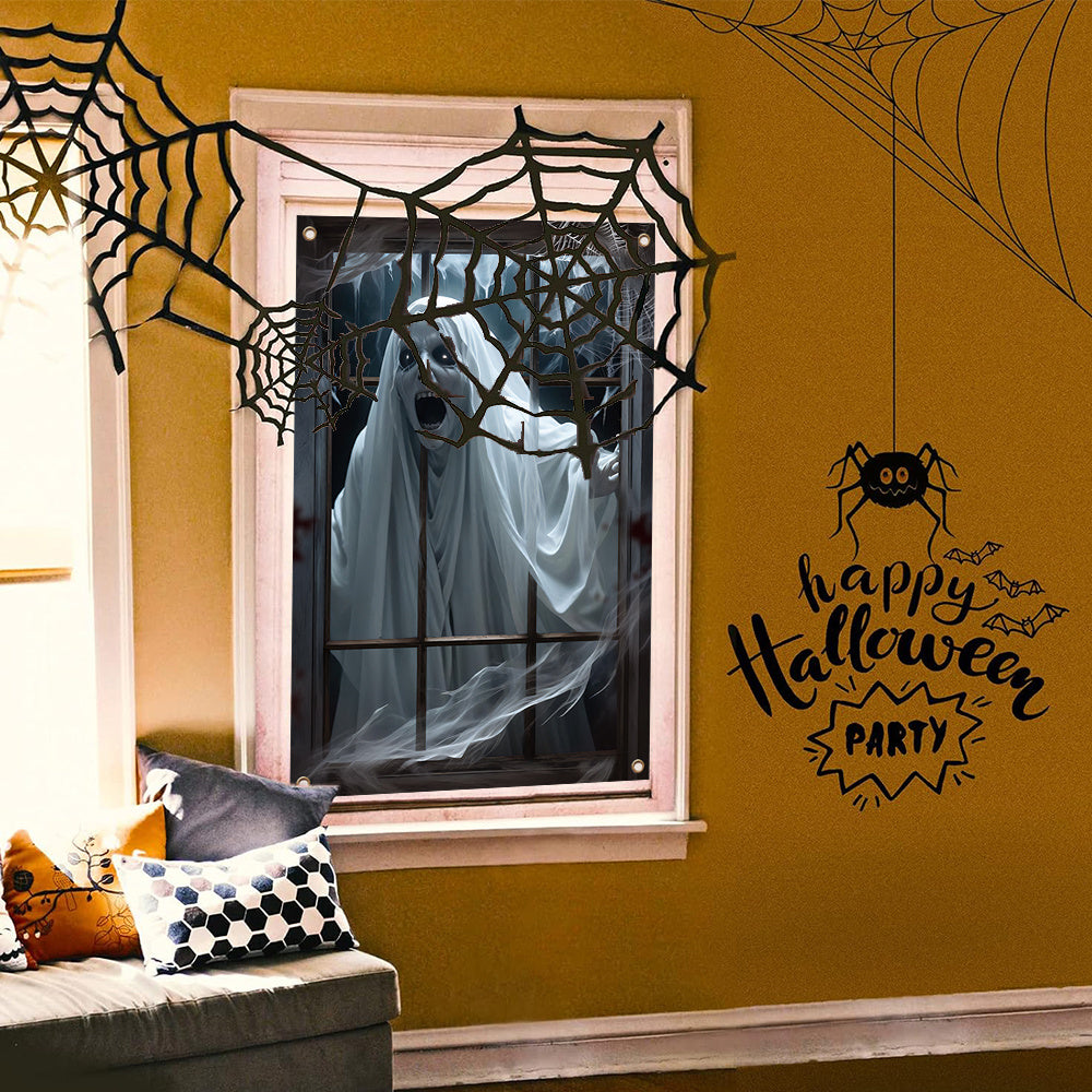 Halloween Window Banner Decoration, 1-Pack, Scary Ghost Design, Polyester Fabric, Indoor Wall and Window Decor for Parties and Carnivals, No Electricity Needed, Versatile Holiday Accessory