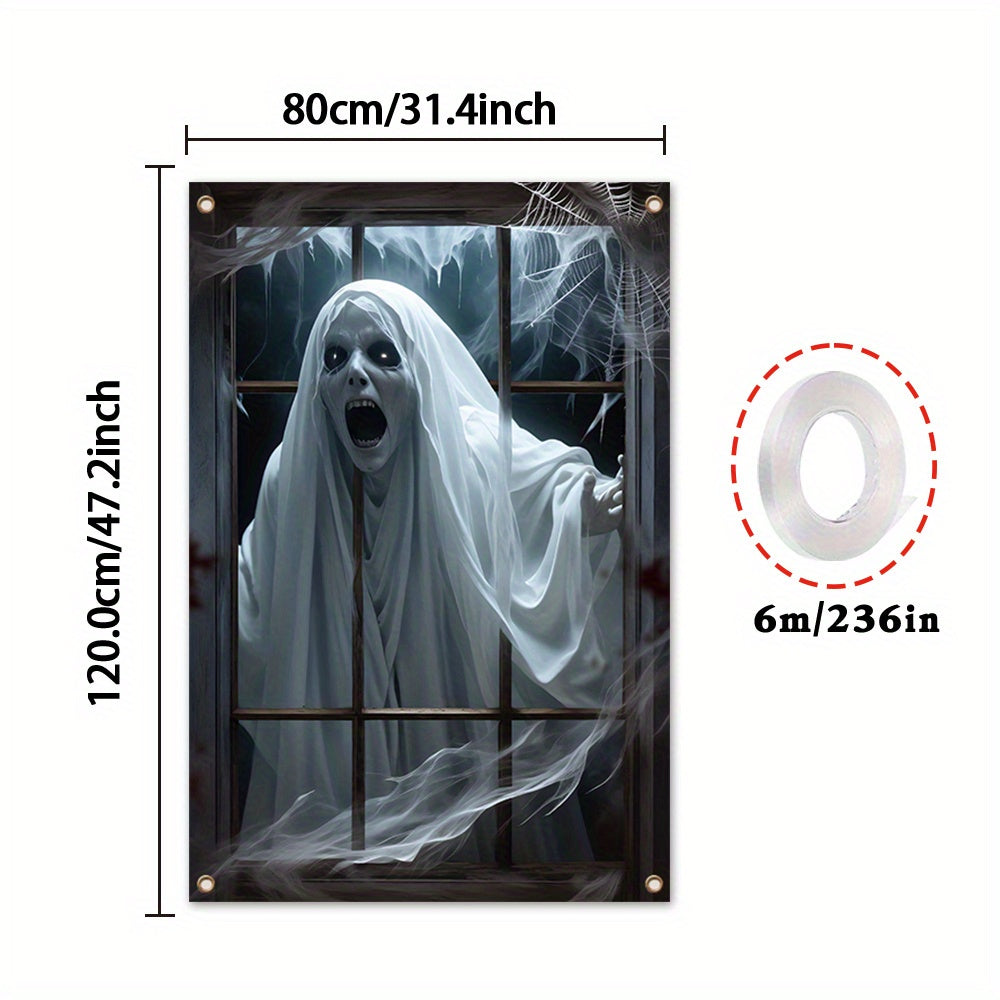 Halloween Window Banner Decoration, 1-Pack, Scary Ghost Design, Polyester Fabric, Indoor Wall and Window Decor for Parties and Carnivals, No Electricity Needed, Versatile Holiday Accessory