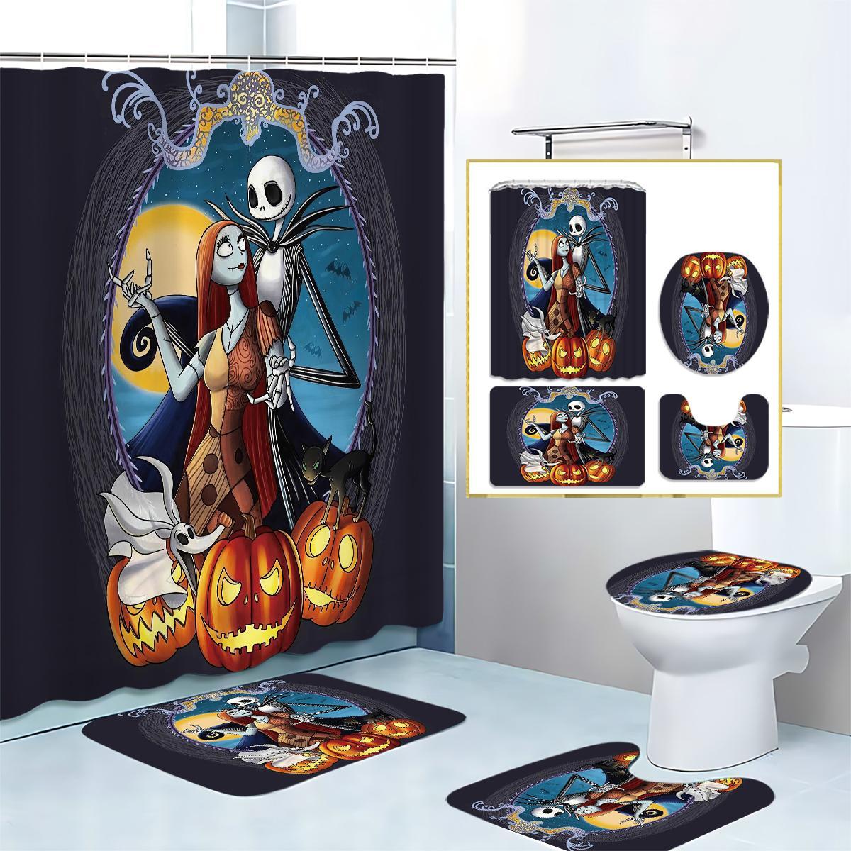 1pc/ 4pcs Disney Halloween Disney The Nightmare Before Christmas Shower Curtain Set With 12 Hooks - Waterproof Shower Curtain, Non-slip Bath Mat, Toilet Seat Cover And U-shaped Rug - Machine Washable Bathroom Cartoon Decoration Set