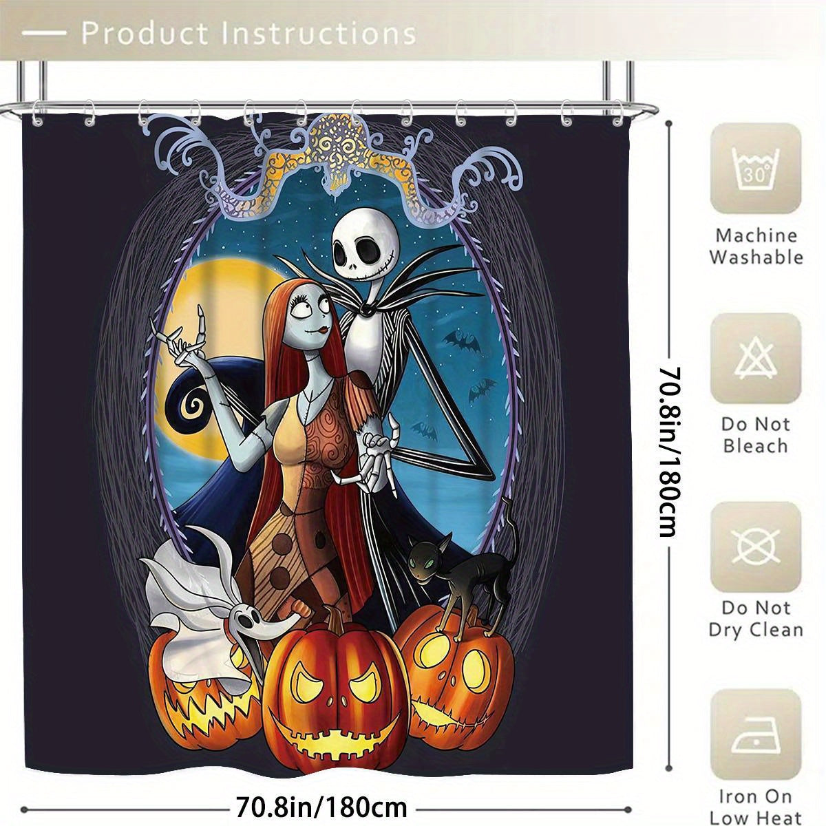 1pc/ 4pcs Disney Halloween Disney The Nightmare Before Christmas Shower Curtain Set With 12 Hooks - Waterproof Shower Curtain, Non-slip Bath Mat, Toilet Seat Cover And U-shaped Rug - Machine Washable Bathroom Cartoon Decoration Set