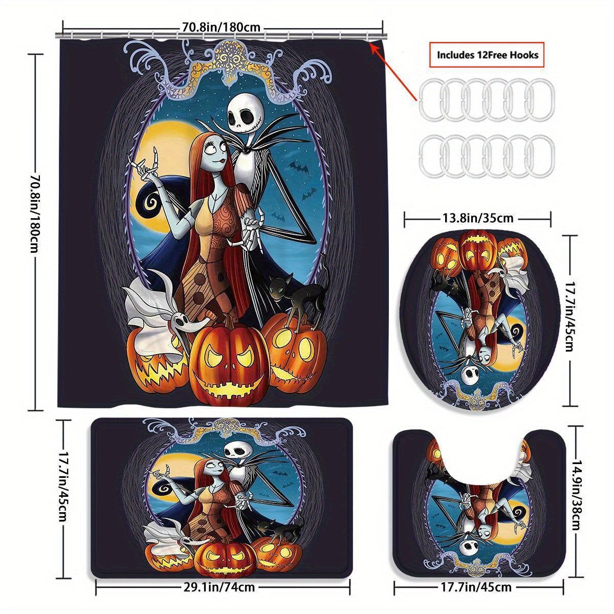 1pc/ 4pcs Disney Halloween Disney The Nightmare Before Christmas Shower Curtain Set With 12 Hooks - Waterproof Shower Curtain, Non-slip Bath Mat, Toilet Seat Cover And U-shaped Rug - Machine Washable Bathroom Cartoon Decoration Set