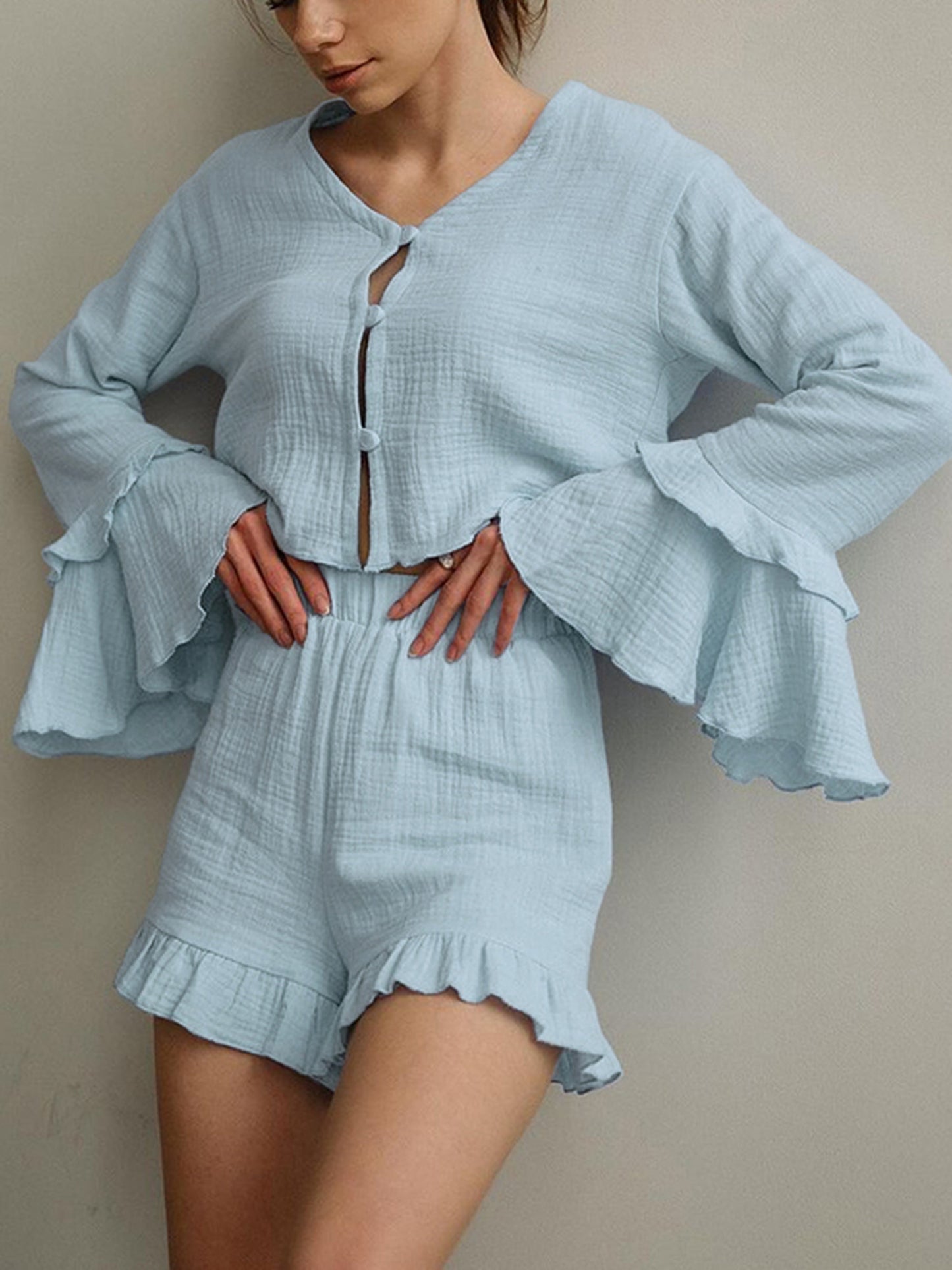 Women Cozy Soft Pajamas Set 2 Pieces Loungewear Suits Solid Color Buttons Front Long Sleeve Tops and Shorts Sleepwear Outfits