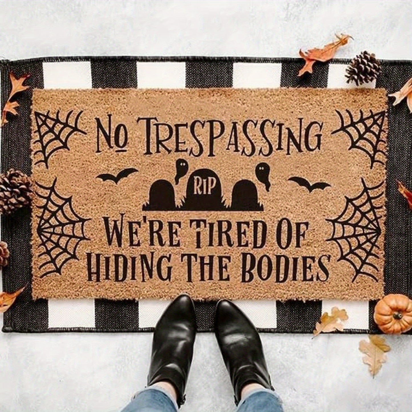 We're Tired of Hiding The Bodies Doormat, No Trespassing Halloween Doormat Decor, Halloween Non Slip Floor Mat for Home Bathroom Kitchen Entrance 16 x 24 inch