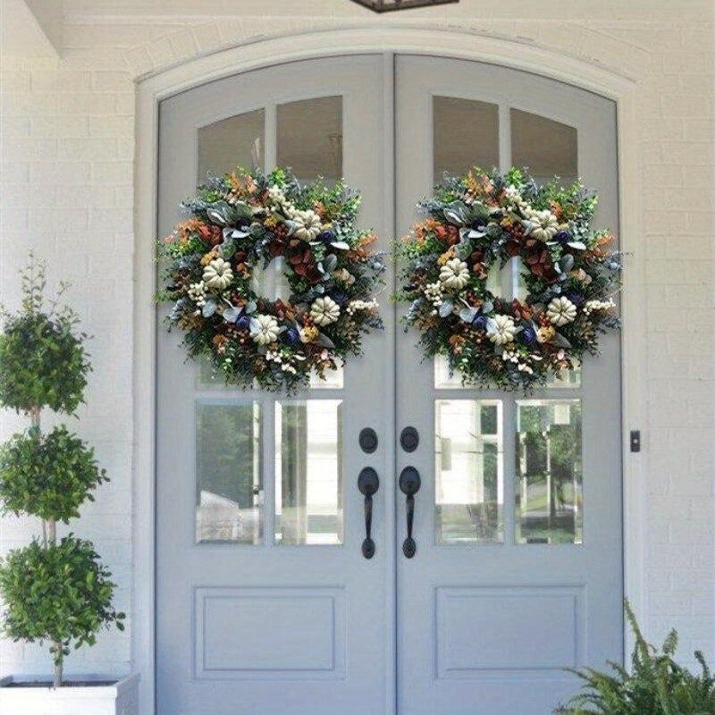 Charming Hydrangea & White Pumpkin Wreath - Perfect for Thanksgiving & Fall Decor, Durable PVC, Round Shape