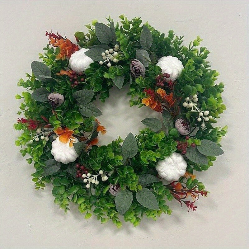 Charming Hydrangea & White Pumpkin Wreath - Perfect for Thanksgiving & Fall Decor, Durable PVC, Round Shape