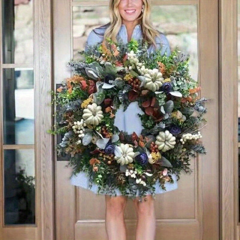 Charming Hydrangea & White Pumpkin Wreath - Perfect for Thanksgiving & Fall Decor, Durable PVC, Round Shape