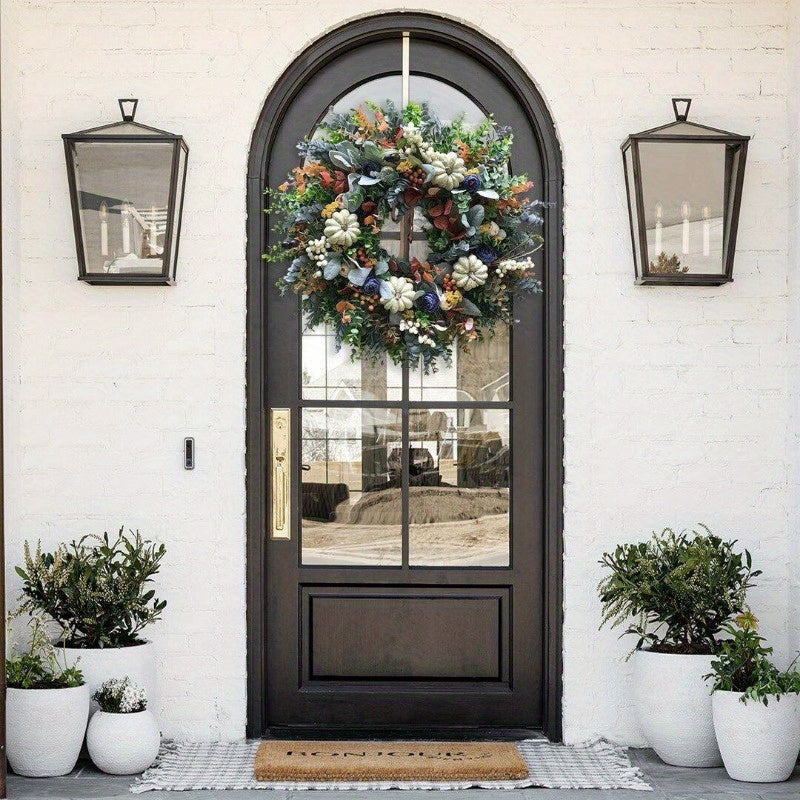 Charming Hydrangea & White Pumpkin Wreath - Perfect for Thanksgiving & Fall Decor, Durable PVC, Round Shape