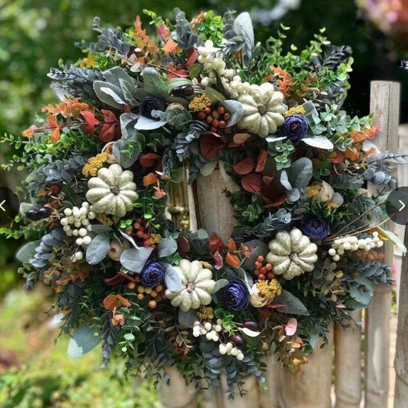 Charming Hydrangea & White Pumpkin Wreath - Perfect for Thanksgiving & Fall Decor, Durable PVC, Round Shape