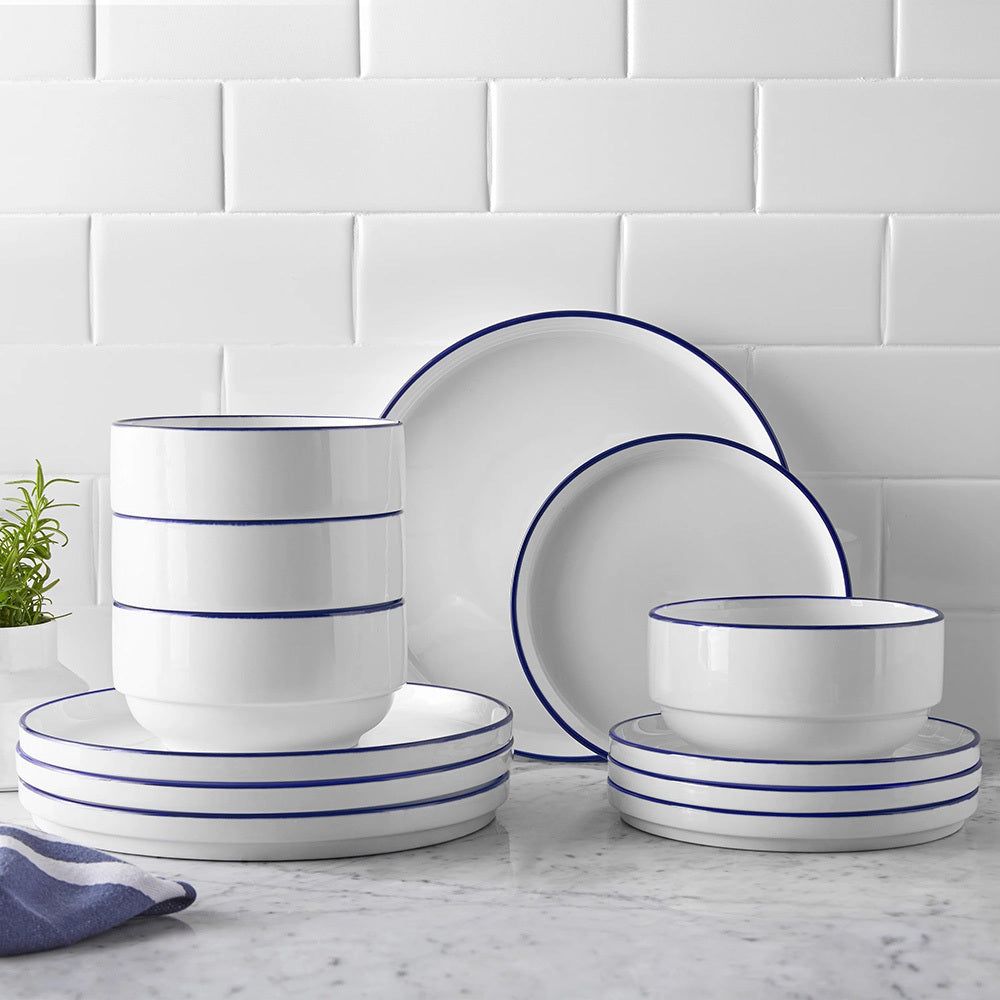 12-Piece Blue Rim Stoneware Dinnerware Set