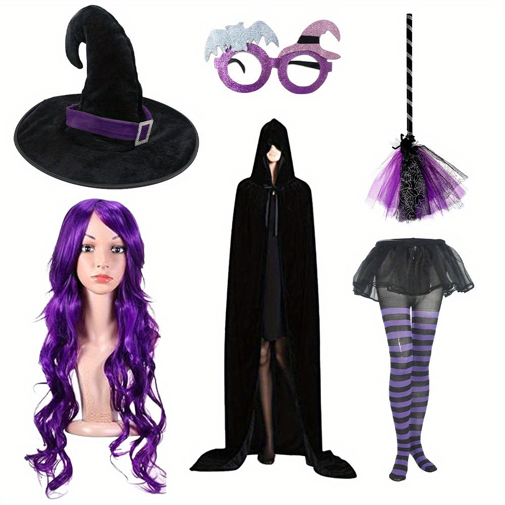 ESENAR Adult Witch Costume Set for Women - Boho Style Polyester and Spandex Hooded Cape Dress with Necklace, Broomstick, Striped Tights, Wizard Hat, and Wig - Complete Halloween Outfit Kit